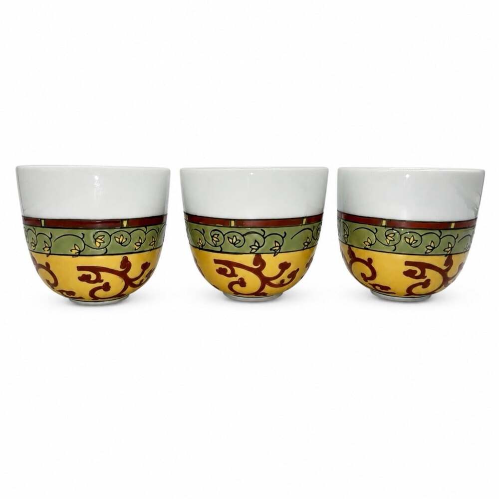 Vintage Pier 1 Ceramic Sake Tea Cups 2.75" Embossed Oriental Pattern Set of 3